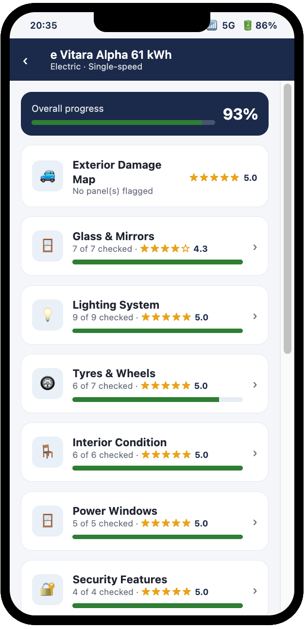 Inspection checklist screen